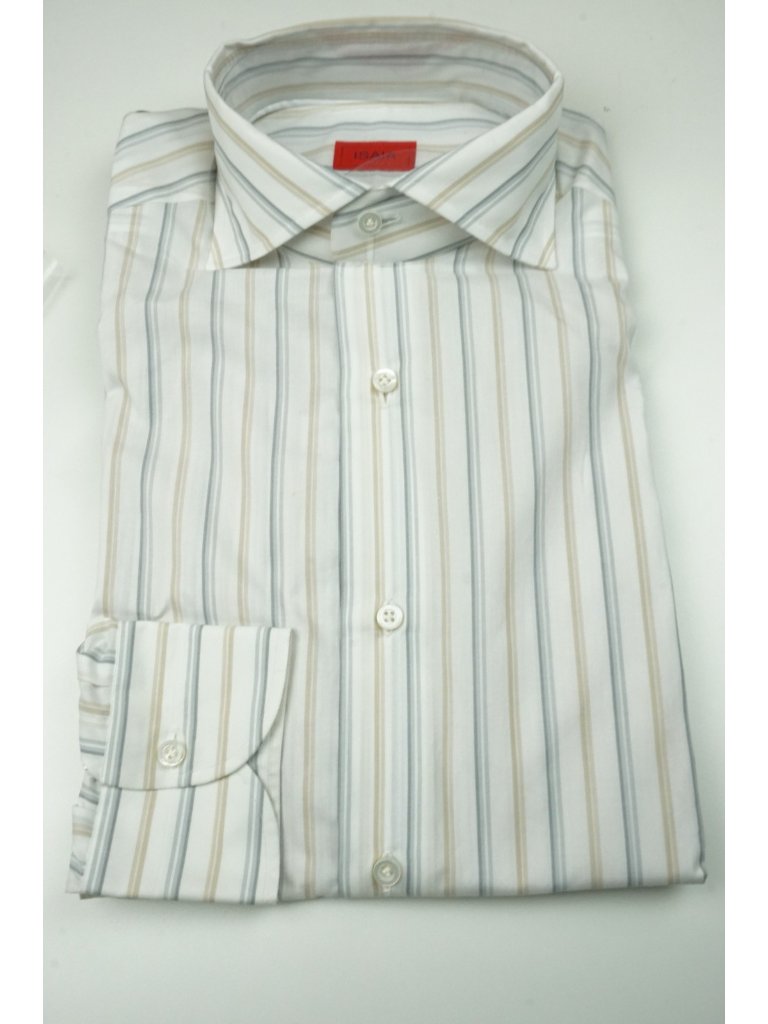 Isaia Peach White Gray Striped Long Sleeve Cotton Dress Shirt 15.5/39 New
